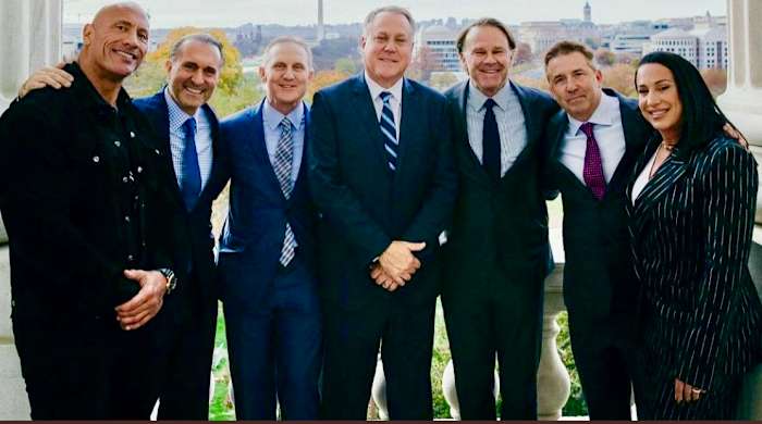 FL Partnership group, Pictured from left to right: Co-Owner Dwayne 'The Rock' Johnson, RedBird Capital head Gerry Cardinale, FOX head Eric Shanks, ESPN head Burke Magnus, RedBird's Mark Dowley, League CEO/president Russ Brandon and league founder/co-owner Dany Garcia.